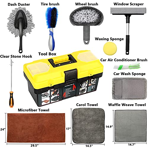 MOFEEZ 15pcs Car Wash Cleaning Tools Kit Car Detailing Set with Absorbent Towels Dash Duster Tire Wheel Brushes Window Squeegee Air Conditioner Brush Waxing Sponge