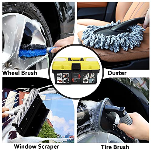 MOFEEZ 15pcs Car Wash Cleaning Tools Kit Car Detailing Set with Absorbent Towels Dash Duster Tire Wheel Brushes Window Squeegee Air Conditioner Brush Waxing Sponge