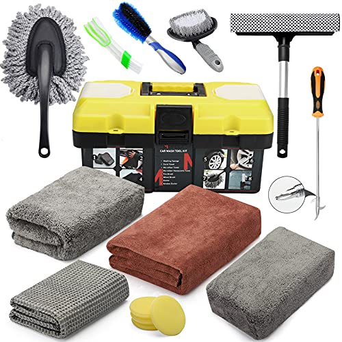 MOFEEZ 15pcs Car Wash Cleaning Tools Kit Car Detailing Set with Absorbent Towels Dash Duster Tire Wheel Brushes Window Squeegee Air Conditioner Brush Waxing Sponge