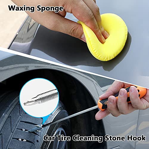 MOFEEZ 15pcs Car Wash Cleaning Tools Kit Car Detailing Set with Absorbent Towels Dash Duster Tire Wheel Brushes Window Squeegee Air Conditioner Brush Waxing Sponge