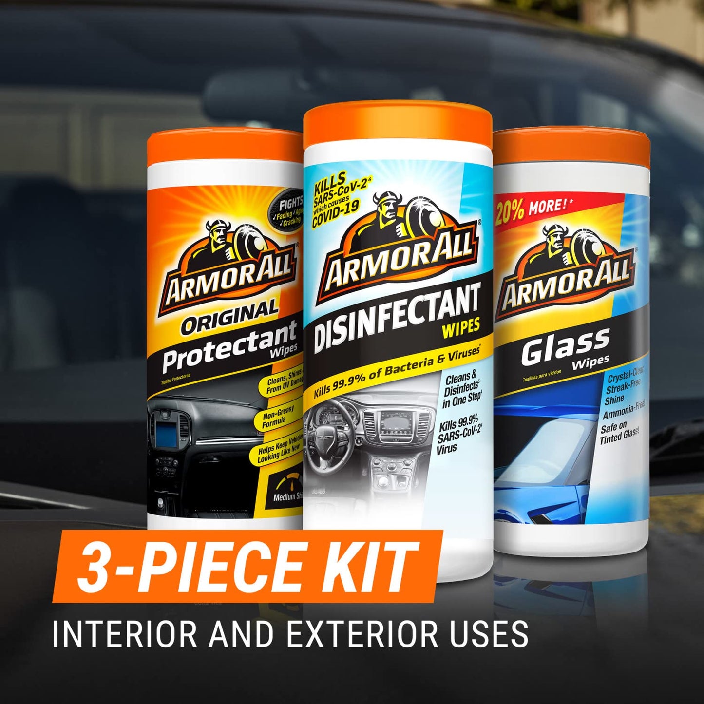 Armor All Car Cleaning Wipes Kit, Includes Protectant Wipes, Disinfectant Wipes, Glass Cleaner Wipes for Cars, Trucks, and Motorcycles (Pack of 3)