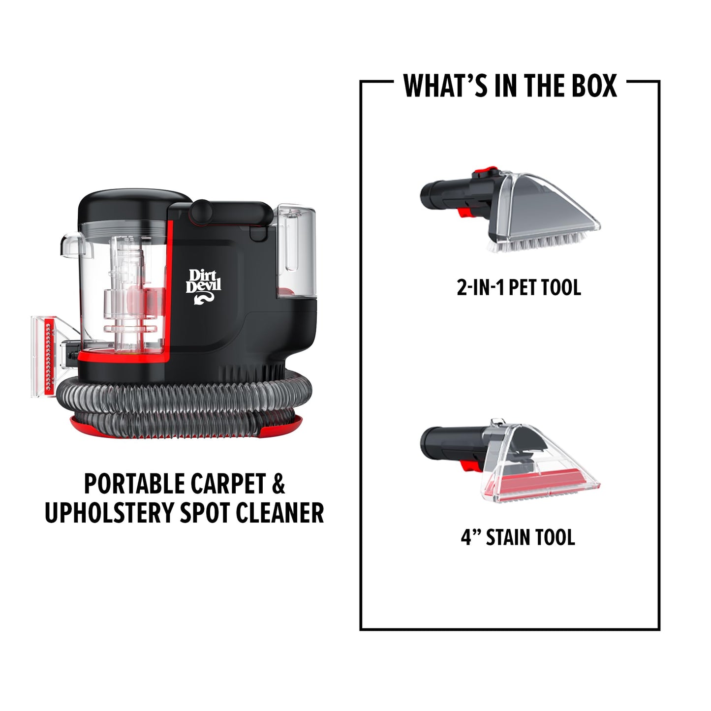 Dirt Devil Portable Spot Compact Carpet Cleaner for Carpet & Upholstery, Powerful Suction with Versatile Tools, Pet Stain Remover, Carpet Shampooer, FD13000, Black