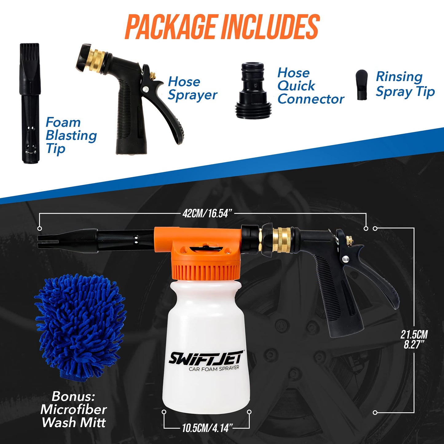 SwiftJet Car Wash Foam Gun + Microfiber Wash Mitt - Car Foam Sprayer - Foam Cannon Garden Hose - Spray Foam Gun Cleaner - Car Wash Kit - Car Accessories for Men - Snow Foam Blaster
