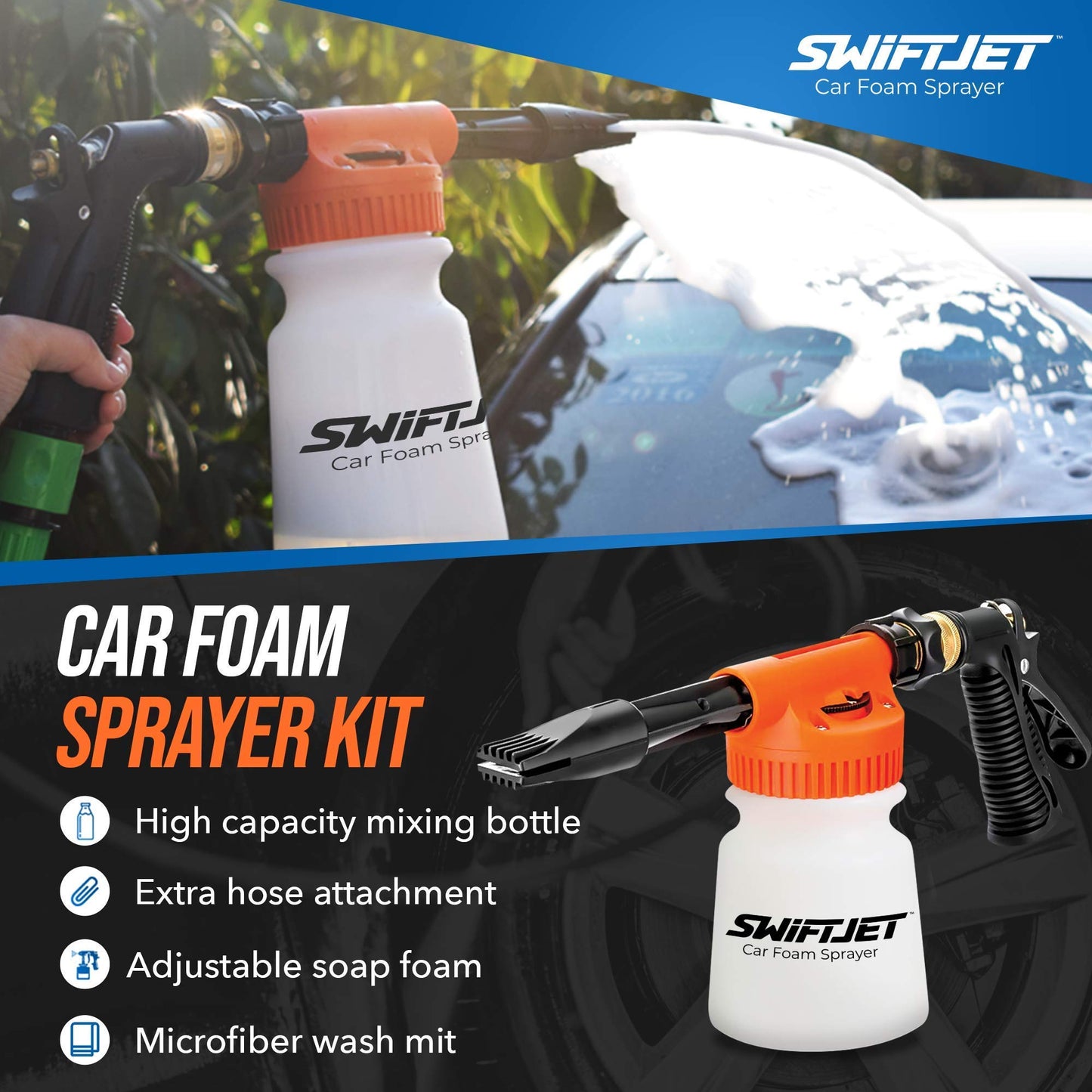 SwiftJet Car Wash Foam Gun + Microfiber Wash Mitt - Car Foam Sprayer - Foam Cannon Garden Hose - Spray Foam Gun Cleaner - Car Wash Kit - Car Accessories for Men - Snow Foam Blaster