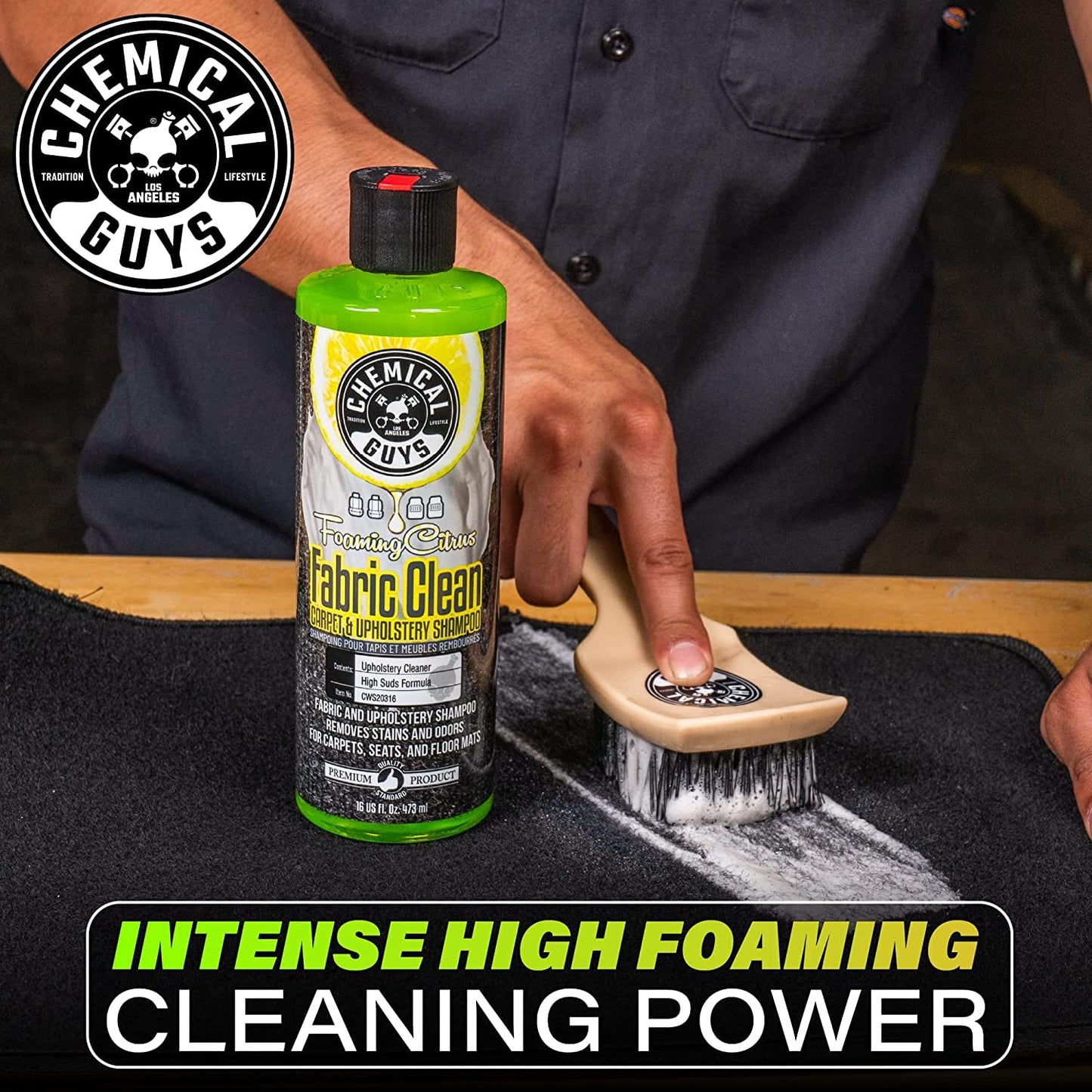 Chemical Guys CWS203 - HOL315 Foaming Citrus Fabric Clean, Easy-to-Use Drill Brush Carpet & Upholstery Fabric Cleaning Kit (Car Carpets, Seats & Floor Mats), 16 fl oz, Citrus Scent