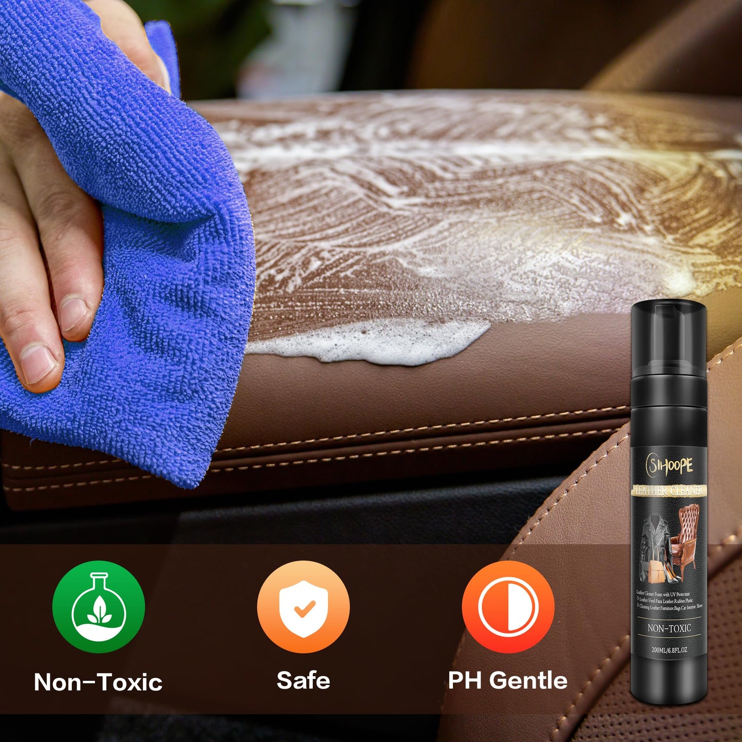 SIHOOPE Leather Cleaner Foam Wipe - Cleaning Furniture Car Seat Dashboard Interior Upholstery Couch Boot Bags Shoe Vinyl Fabric Products Care Dirt and Oil Stains Remover 200ML