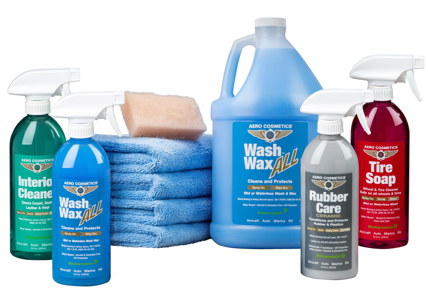 Aero Cosmetics Wet or Waterless Car Wash Wax Kit 192 oz Aircraft Quality for your Car, RV, Boat, Motorcycle. Exterior & Interior. Spray on, Wipe Dry Detailer (Complete Kit)