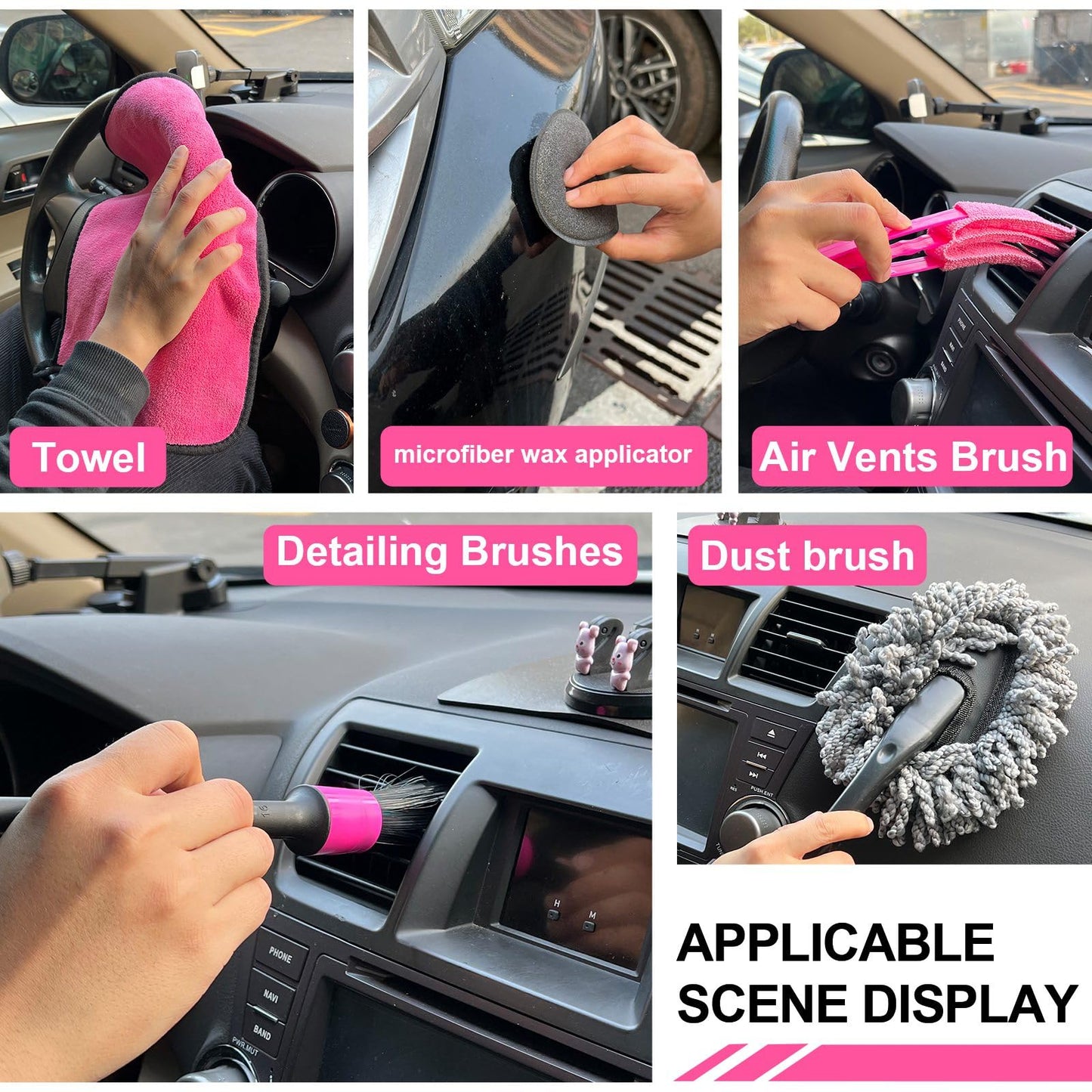 Pink 62" Car Wash Brush with Long Handle,Chenille Microfiber Car Wash Mop Sponge Mitt ,Windshield Window Squeegee,Wheel Brush,Car Detailing Brushes,Car Duster,Towel,Car Cleaning Kit for Cars RV Truck