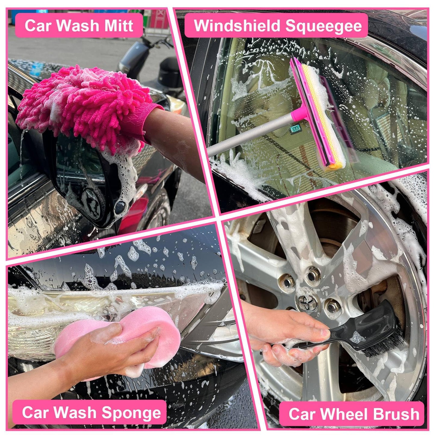 Pink 62" Car Wash Brush with Long Handle,Chenille Microfiber Car Wash Mop Sponge Mitt ,Windshield Window Squeegee,Wheel Brush,Car Detailing Brushes,Car Duster,Towel,Car Cleaning Kit for Cars RV Truck