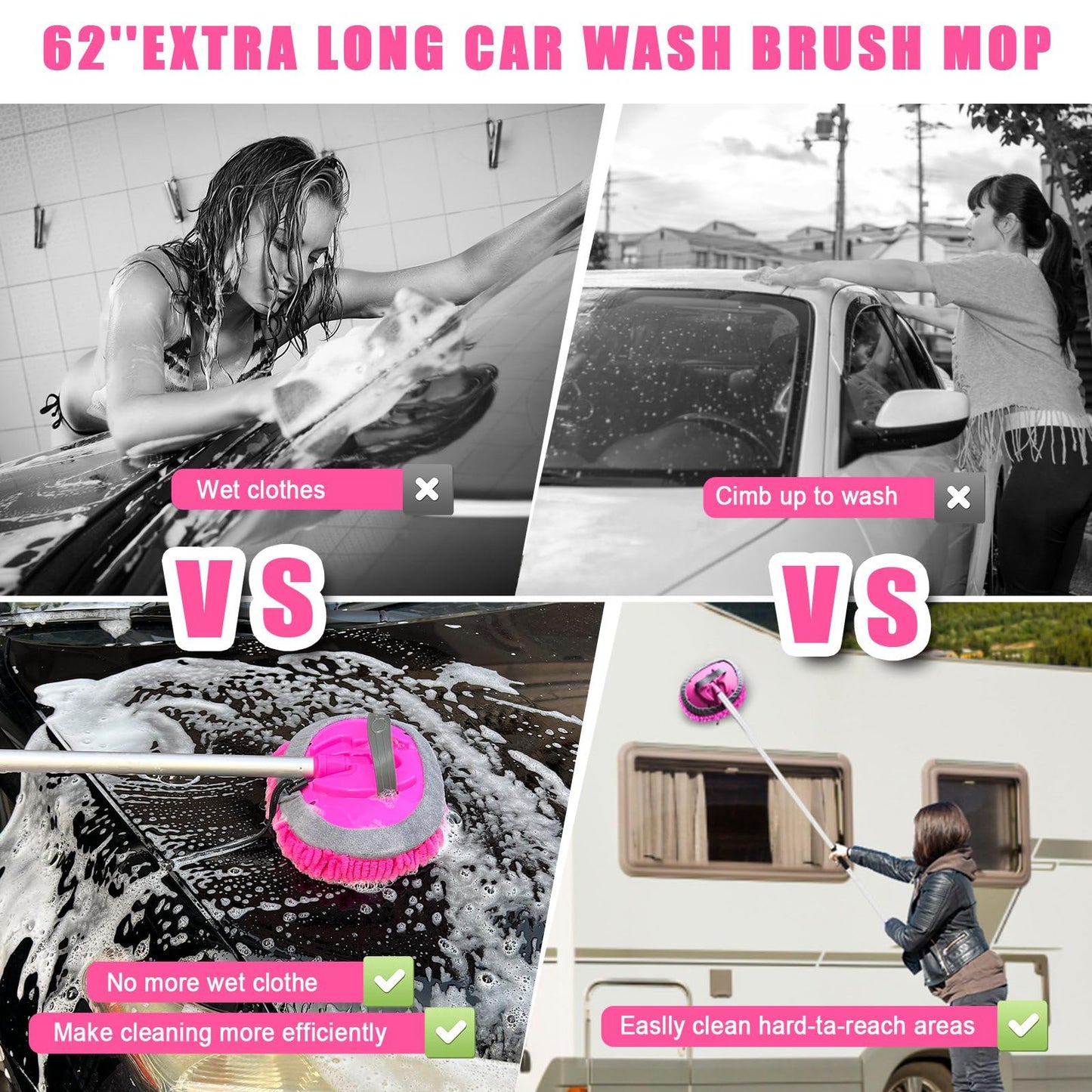 Pink 62" Car Wash Brush with Long Handle,Chenille Microfiber Car Wash Mop Sponge Mitt ,Windshield Window Squeegee,Wheel Brush,Car Detailing Brushes,Car Duster,Towel,Car Cleaning Kit for Cars RV Truck
