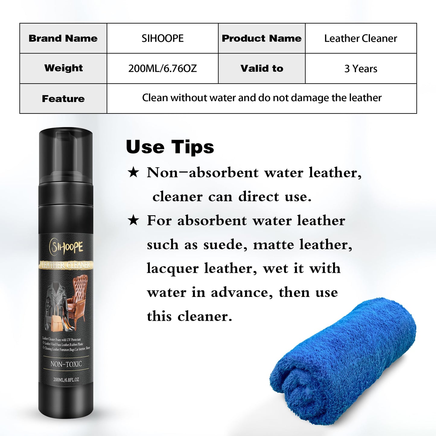 SIHOOPE Leather Cleaner Foam Wipe - Cleaning Furniture Car Seat Dashboard Interior Upholstery Couch Boot Bags Shoe Vinyl Fabric Products Care Dirt and Oil Stains Remover 200ML
