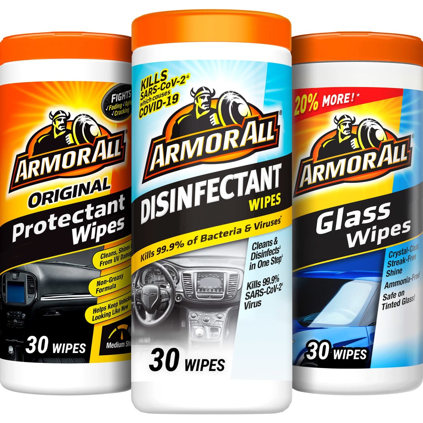 Armor All Car Cleaning Wipes Kit, Includes Protectant Wipes, Disinfectant Wipes, Glass Cleaner Wipes for Cars, Trucks, and Motorcycles (Pack of 3)