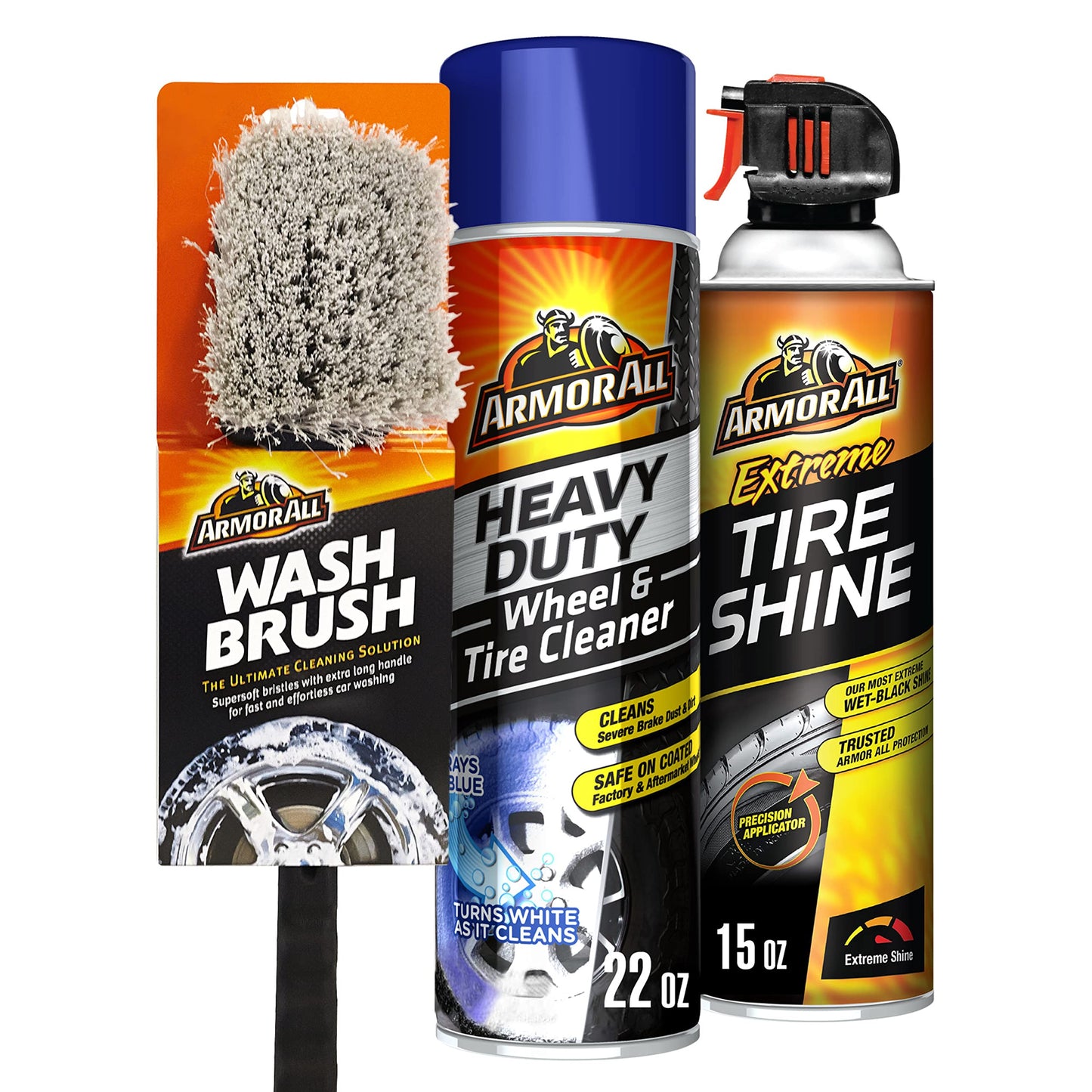 Armor All Wheel and Tire Cleaner and Tire Shine Kit, Heavy Duty Car Wheel Cleaner, Extreme Tire Shine Spray and Wash Brush - 3 Count