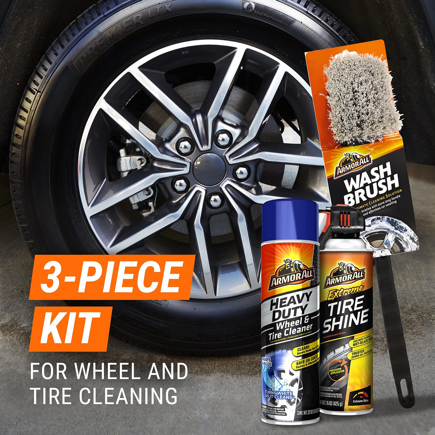 Armor All Wheel and Tire Cleaner and Tire Shine Kit, Heavy Duty Car Wheel Cleaner, Extreme Tire Shine Spray and Wash Brush - 3 Count