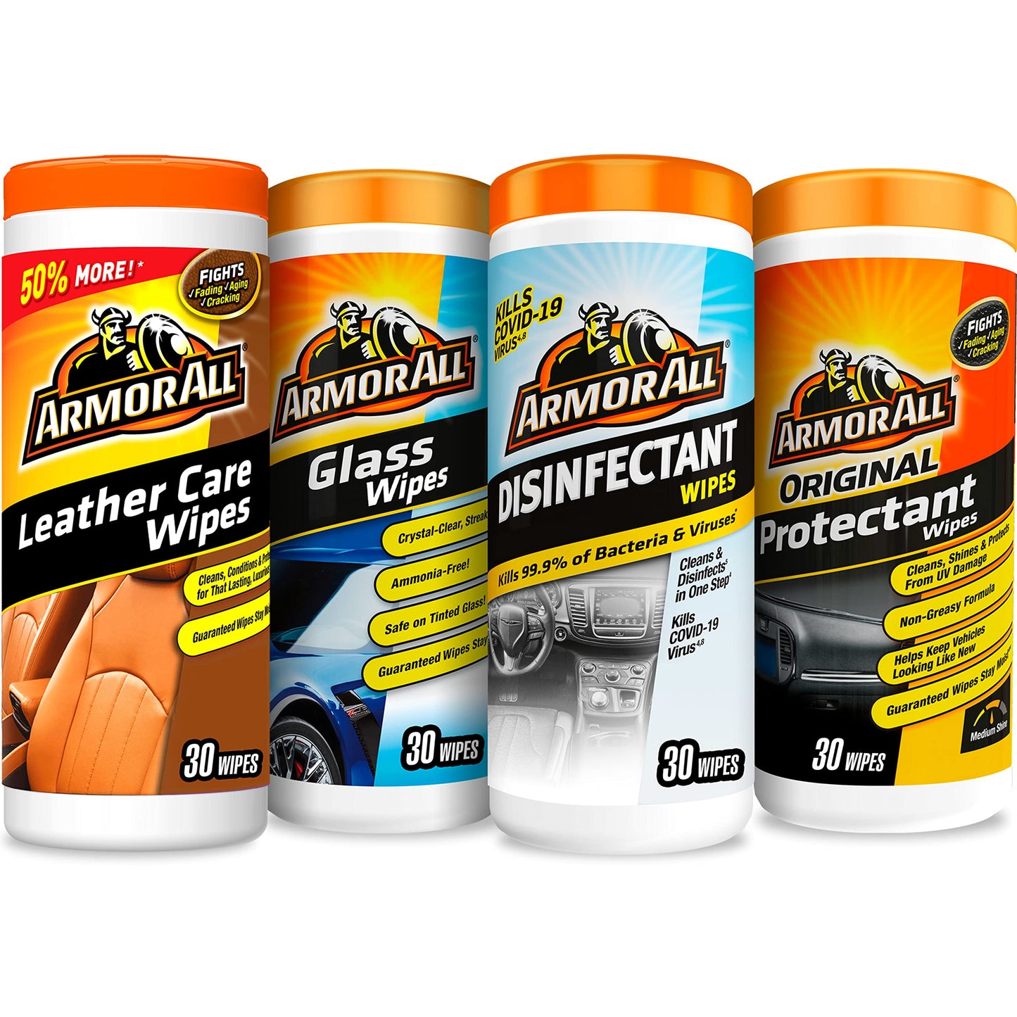 Armor All Interior Car Cleaning Wipes Kit, Disinfects, Protects, and Cleans Car Interiors, Includes Leather Care Wipes, Glass Wipes, Disinfectant Wipes, and Protectant Wipes, 4 Count