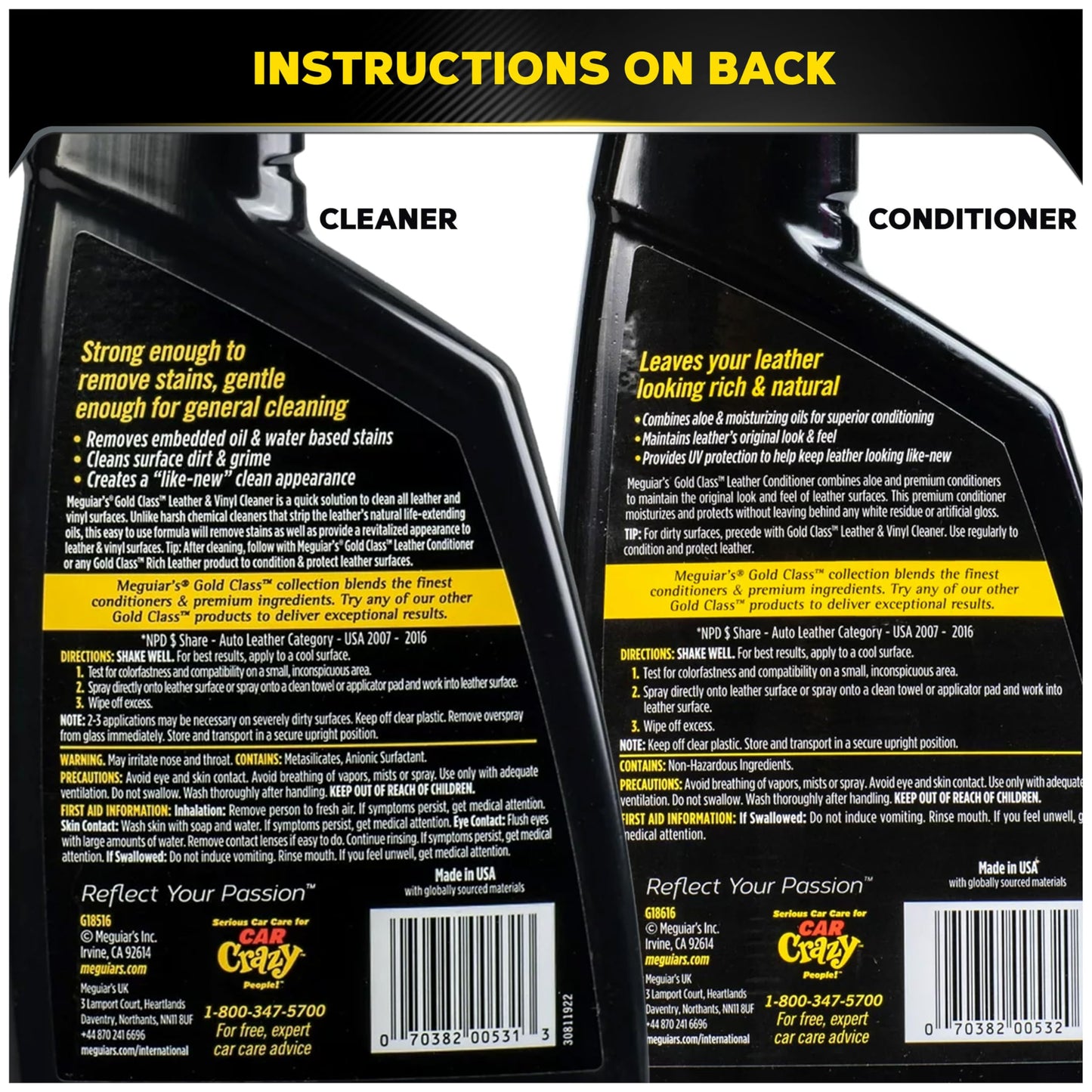 Meguiar's G55153 Leather Care Kit, Includes Gold Class Leather & Vinyl Cleaner, Gold Conditioner, Applicator Pad and Supreme Shine Microfiber Towel,16 Fl Oz (Pack of 2)