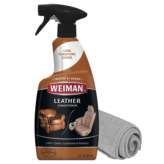 Weiman Leather Cleaner, Polish and Conditioner for Furniture, Car, Purses, Shoes, Boots and Couches- Micro Fiber Towel Included, 22oz