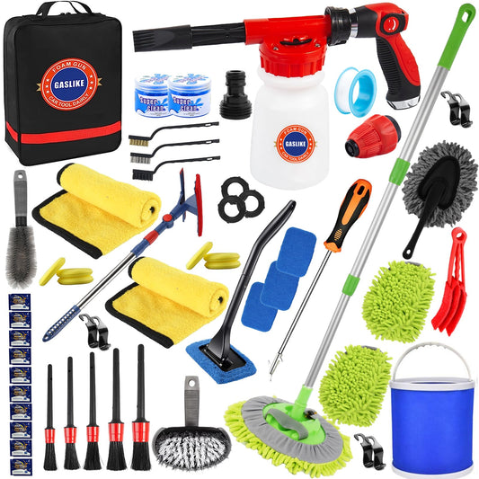 56Pcs Car Wash Cleaning Kit with Foam Gun, Car Wash Brush with Long Handle, Car Detailing Kit, Car Wheel Brush for Car Cleaning Supplies, Adjustable Hose Wash Sprayer-Quick Connector to Any Hose