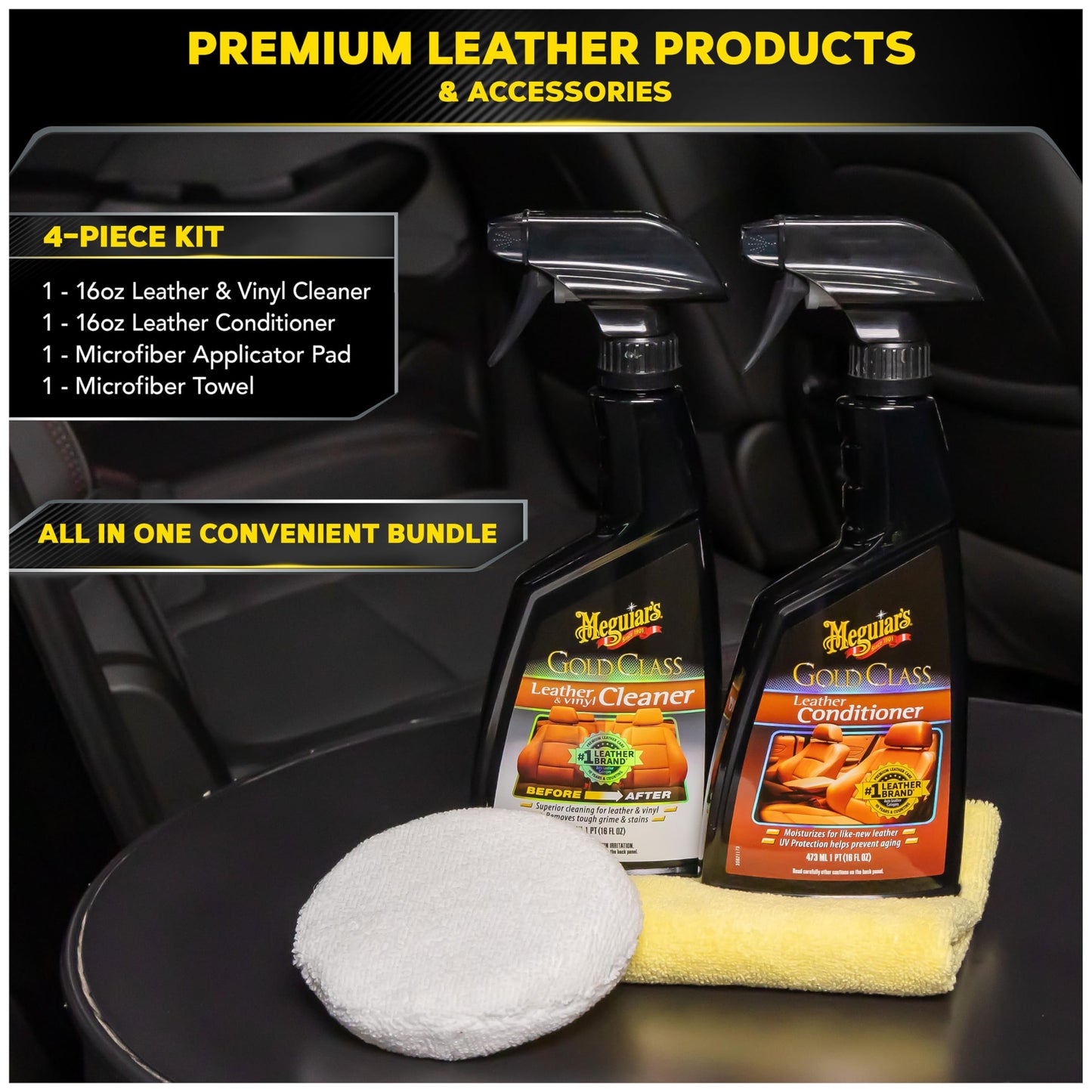 Meguiar's G55153 Leather Care Kit, Includes Gold Class Leather & Vinyl Cleaner, Gold Conditioner, Applicator Pad and Supreme Shine Microfiber Towel,16 Fl Oz (Pack of 2)